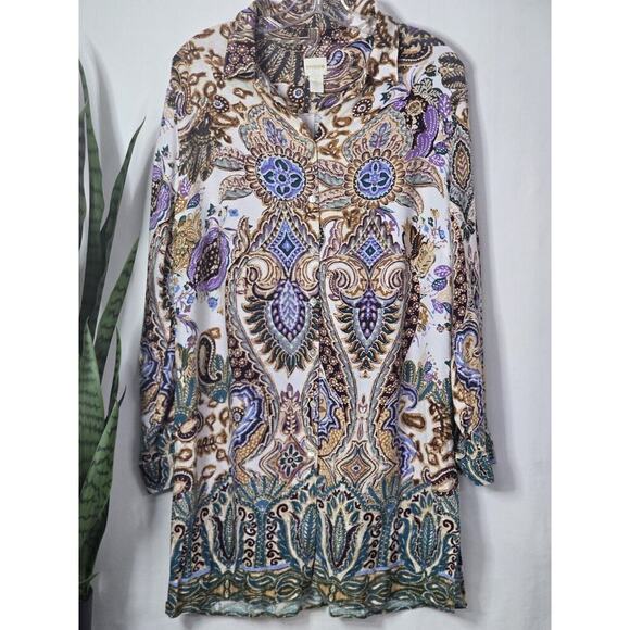 CHICO'S Paisley Patch Shirt Tunic Size 2 (L) Boho Long Sleeve Button Front Top - Picture 2 of 8